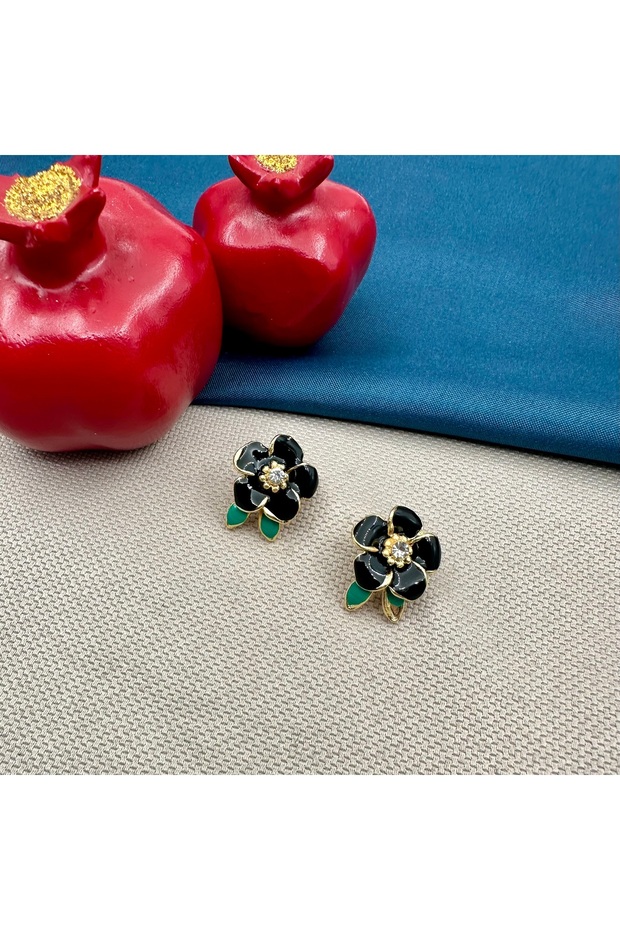 Gold Flower Women's Earrings with Enamel and Stones