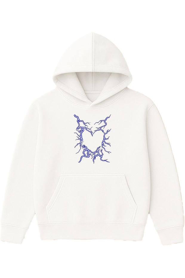 Lightning Heart Design Printed Oversized White Hooded Sweatshirt
