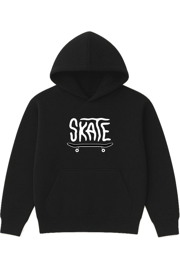 Skate Design Printed Oversized Black Hooded Sweatshirt