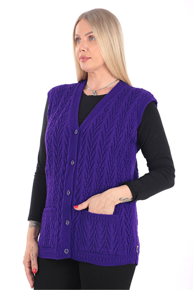 Women's V-Neck Thick Wool Houndstooth Pattern Knitwear Buttoned Pocketed Mother Vest Noble