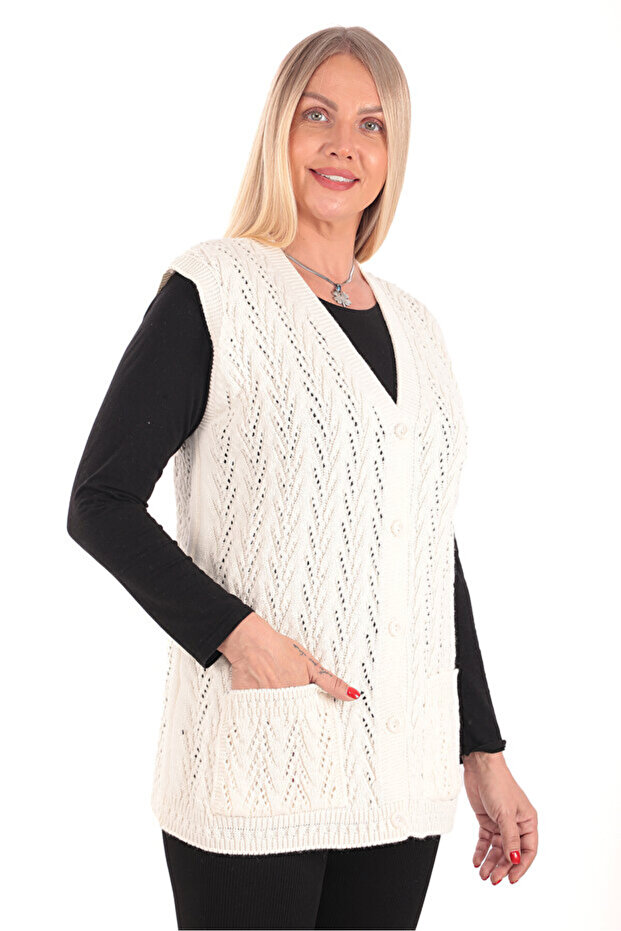 Women's V-Neck Thick Wool Houndstooth Pattern Knitwear Buttoned Pocketed Mother Vest Noble