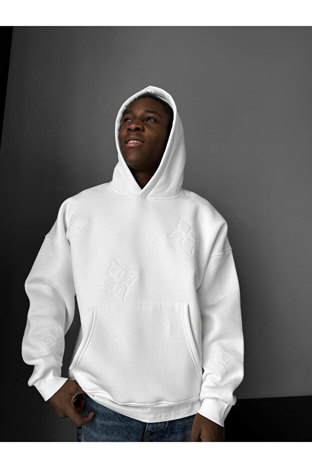Men's Oversized Embroidered Hoodie Embossed Pattern Premium Hooded Sweatshirt Streetwear