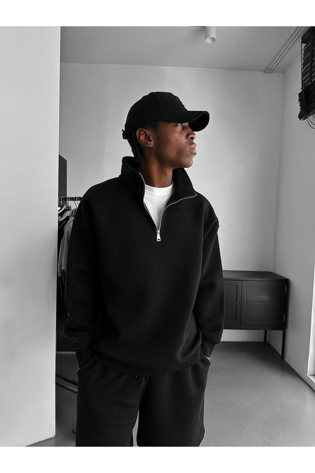 Men's Oversized Half Zipper Sweatshirt Mock Neck Half Zip Thick Winter 4 Colors