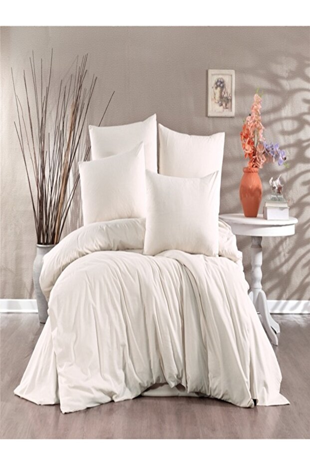Ranforce 100% Cotton Solid Color Cream Single Duvet Cover Set with Elastic Sheet and 2 Pillows