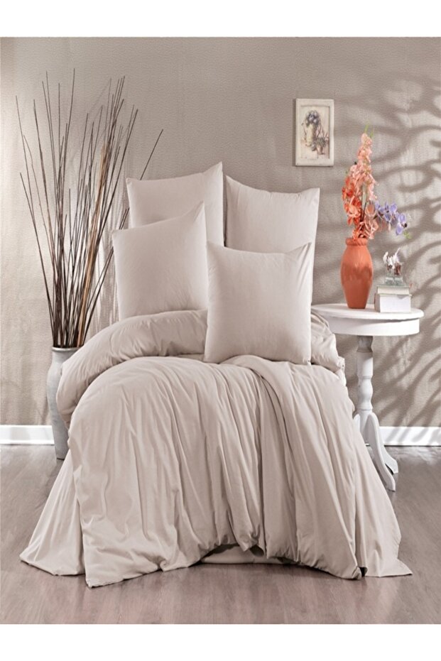 Ranforce 100% Cotton Solid Color Light Beige Single Duvet Cover Set with Elastic Sheet and 2 Pillows