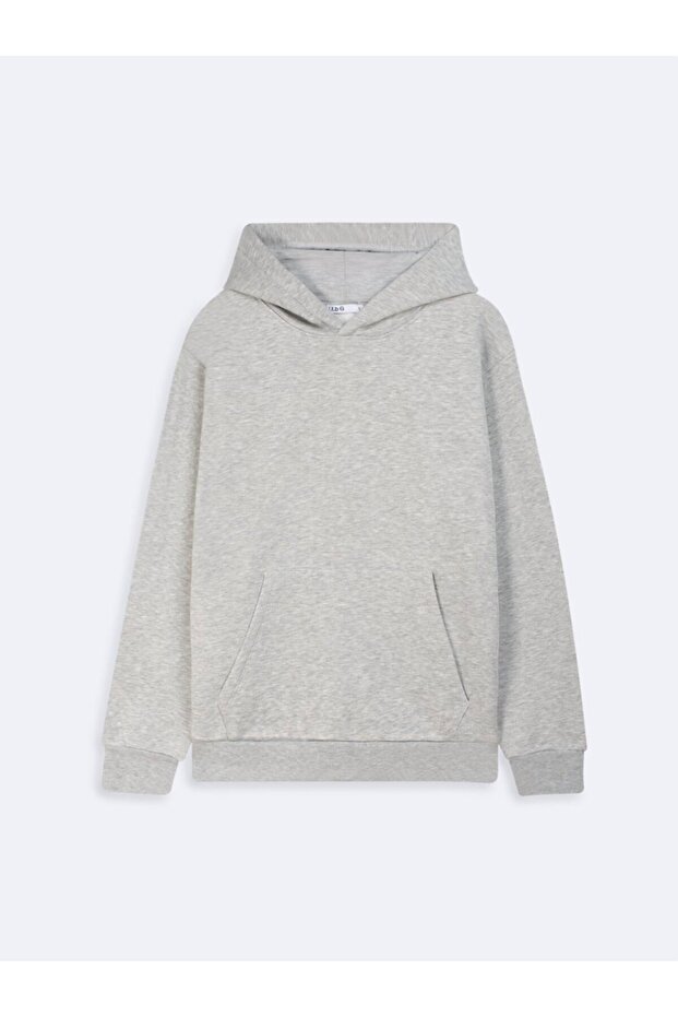 Uzun Kollu Kapüşonlu Basic Gri Sweatshırt - 2
