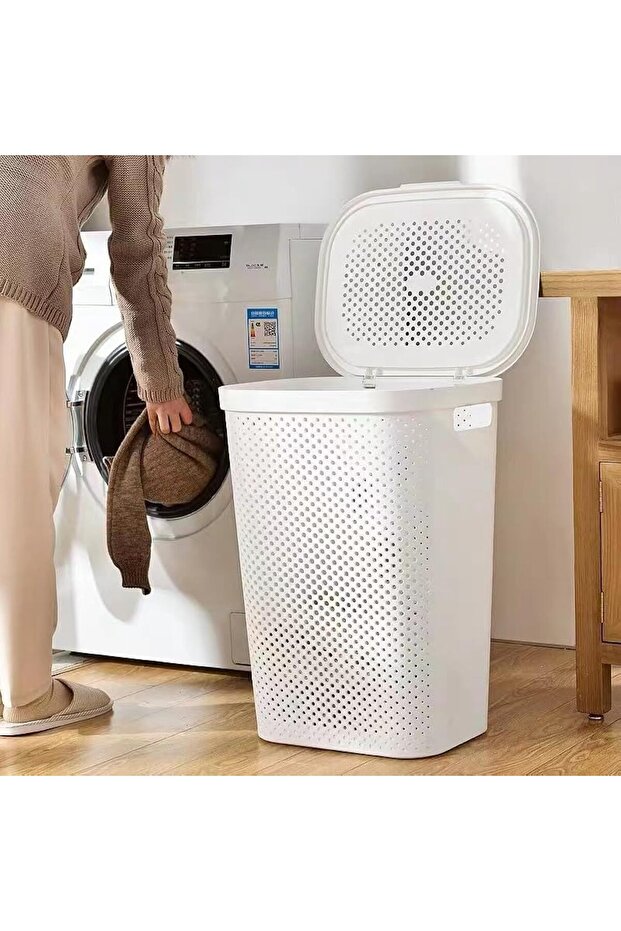 Laundry Basket with Lid – Plastic Floor-Standing Hamper with Handle (White)