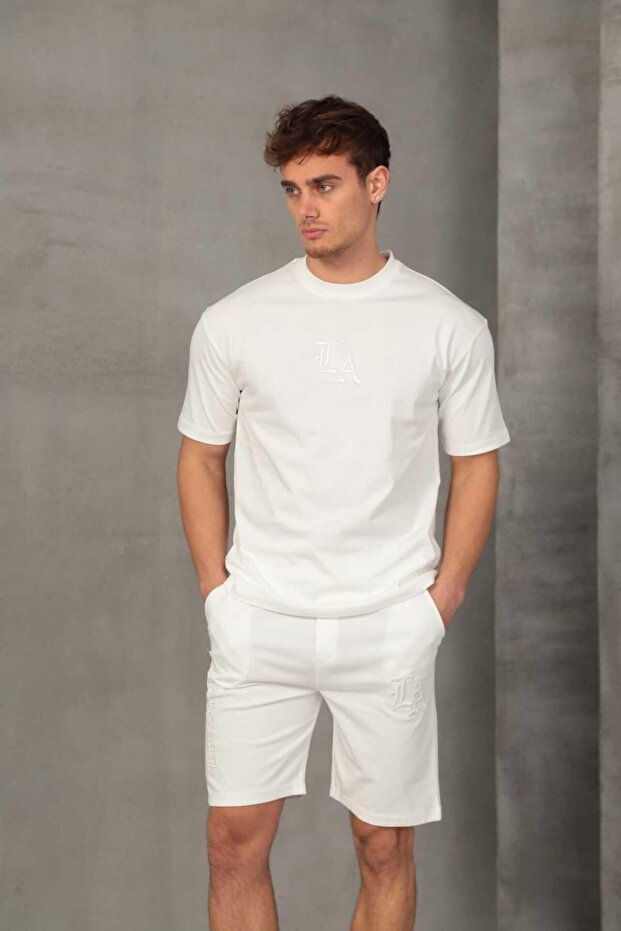 طقم شورت رجالي أساسي مطرز - أبيض - 3