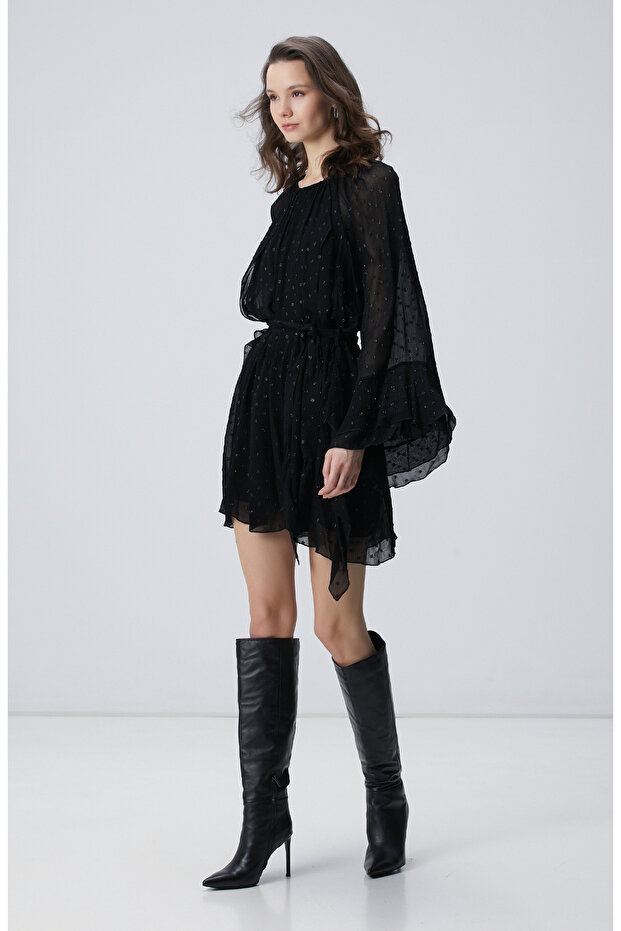 Siyah Desenli Mini Elbise - 4