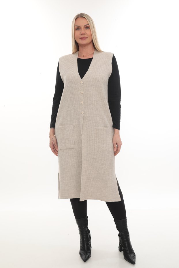 Steel Knit Buttoned Pocketed Knitwear Winter Thick Long Mother Knit Vest