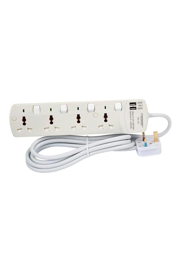 4 Way Universal Socket With 2 USB, Individual Switches, Indicators, 1.25mm² Cable 3M & 13A Plug