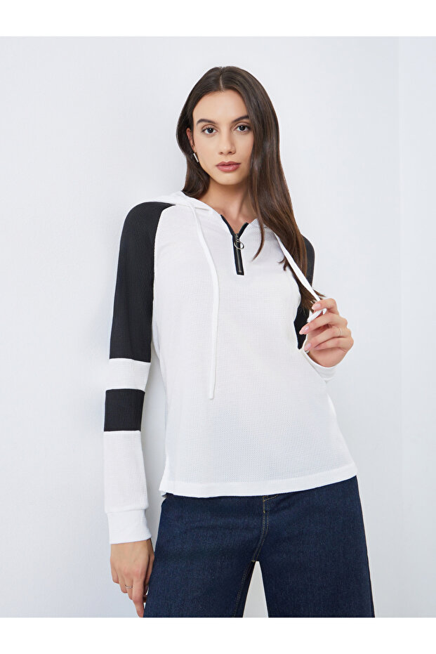 White Color Block Raglan Sleeve Hoodie