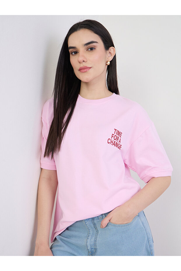 Pink Oversized Slogan Print T-Shirt