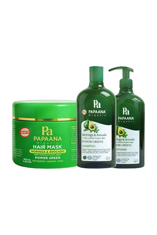 Moringa & Avocado Power Green Shampoo, Conditioner & Hair Mask Bundle with Shea Butt
