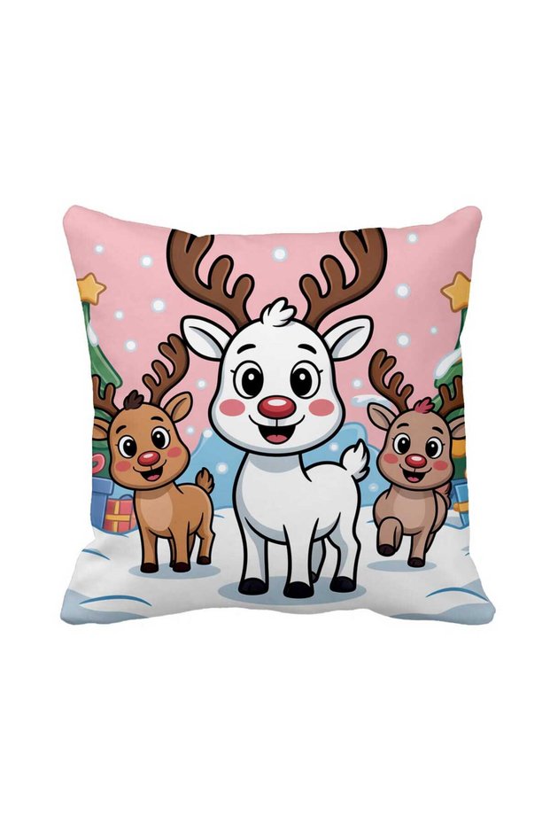 Christmas Themed Cartoon Deer Throw Pillow Cover – Winter Concept Kids Room Pillowcase 43 X 43 Suede