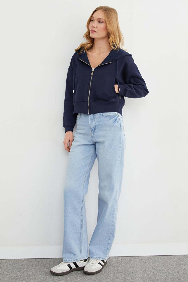 Basic Fermuarlı Kapüşonlu Crop Sweatshirt - 6