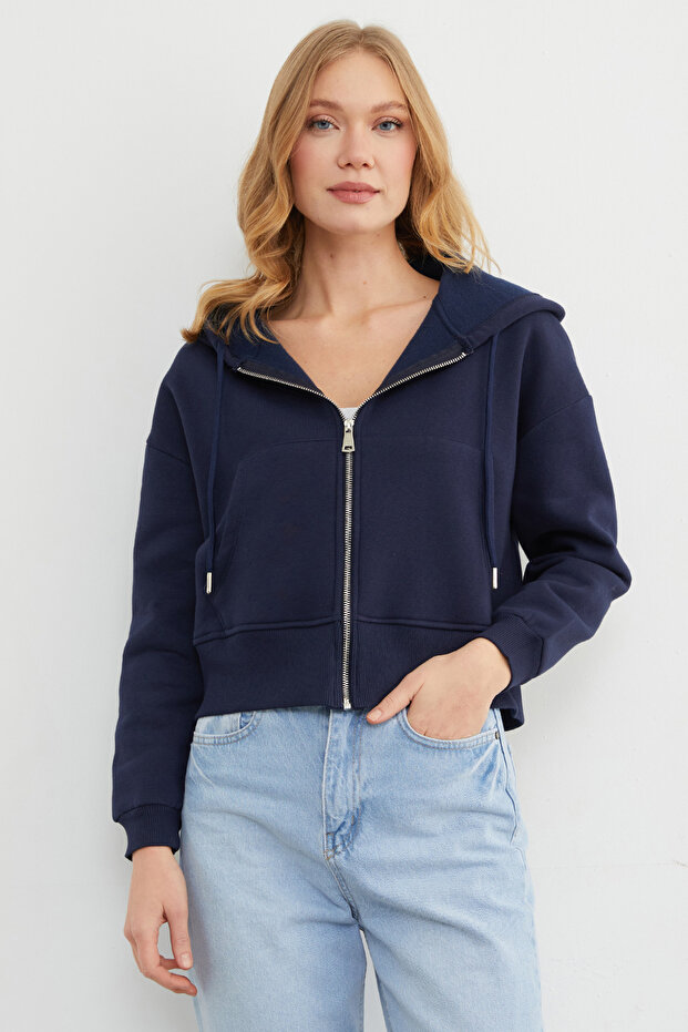 Basic Fermuarlı Kapüşonlu Crop Sweatshirt - 3
