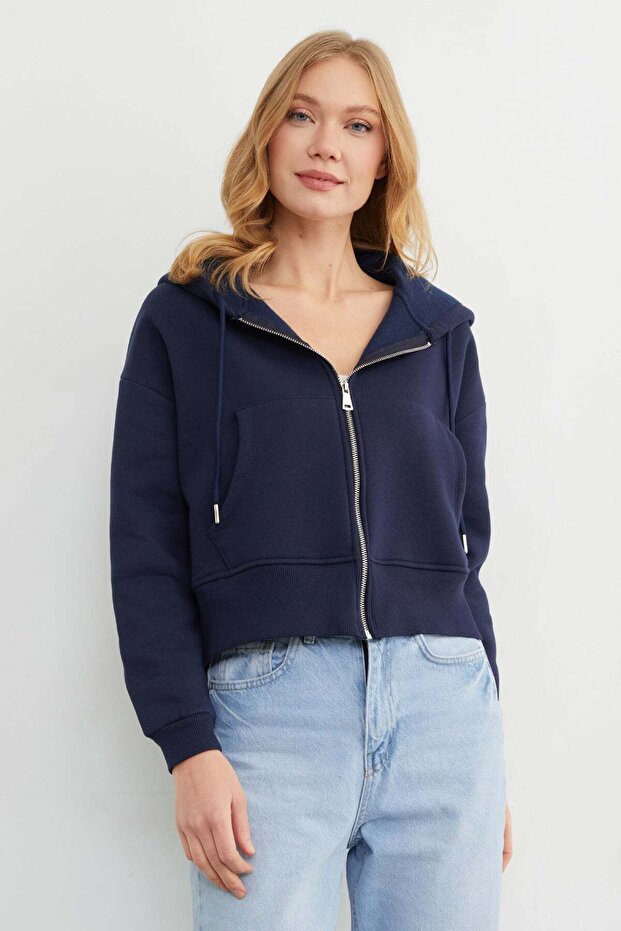 Basic Fermuarlı Kapüşonlu Crop Sweatshirt - 4