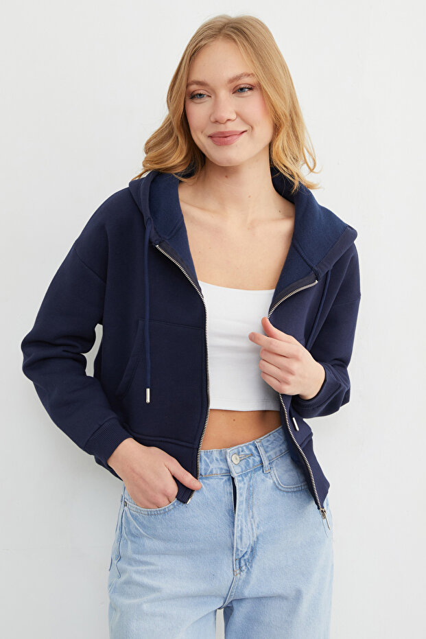Basic Fermuarlı Kapüşonlu Crop Sweatshirt - 2