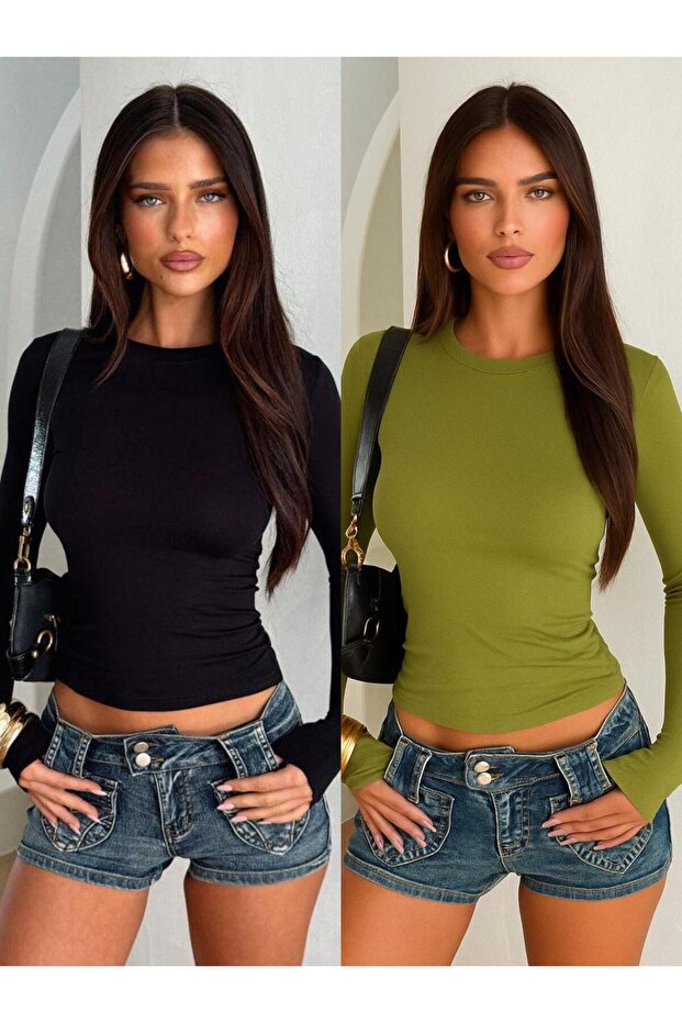 2 Pcs Crew Neck Basic Long Sleeve Stretch Fabric Solid Blouse - 1