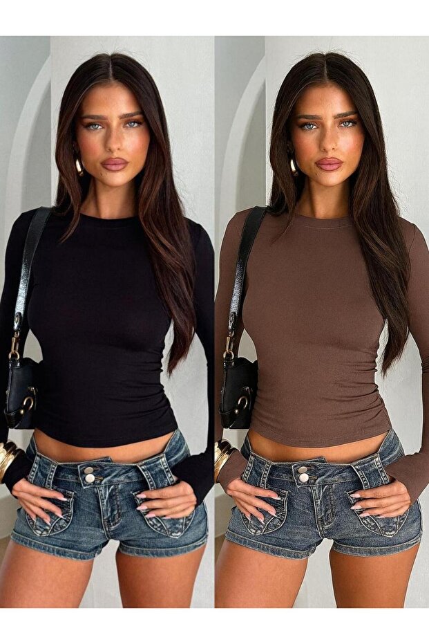 قطعتان من البلوزات ذات الأكمام الطويلة ذات الرقبة الدائرية قماش قابل للتمدد بلوزة سادة - 1