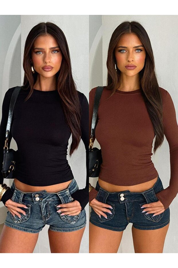 قطعتان من البلوزات ذات الأكمام الطويلة ذات الرقبة الدائرية قماش قابل للتمدد بلوزة سادة - 1