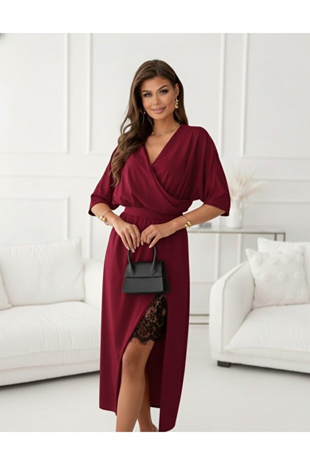 Women's Long Sleeve Double-Breasted Collared Side Ruched Midi Imported Crepe Dress
