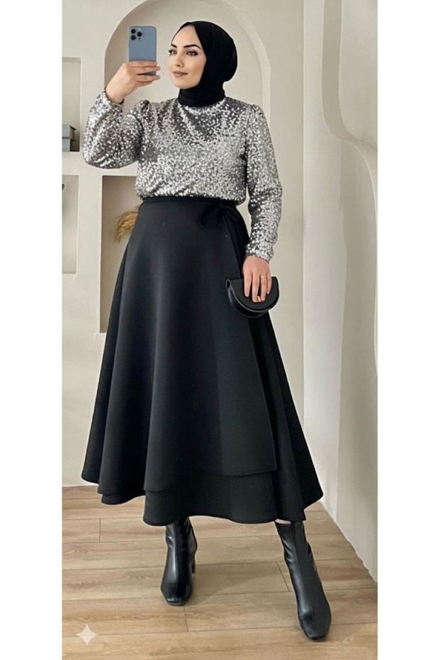 Puff Scuba Side-Tie Zipper Stretch Fabric Flared Skirt