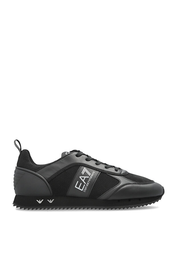 Men's Flat Black Sneakers with Leather Detailing on the Toe and Heel