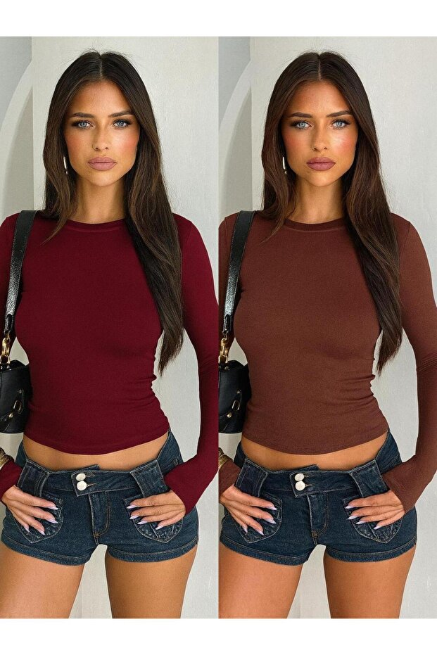 2 Pcs Crew Neck Basic Long Sleeve Stretch Fabric Solid Blouse - 1