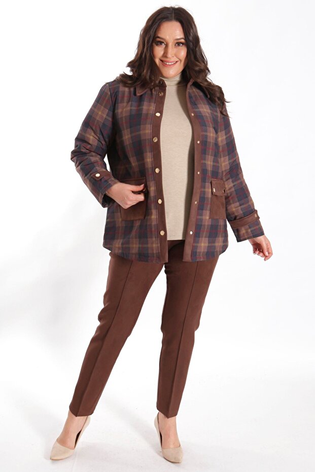 Trend42Plus Plus Size Plaid Patterned Brown Coat with Snap Buttons - 2