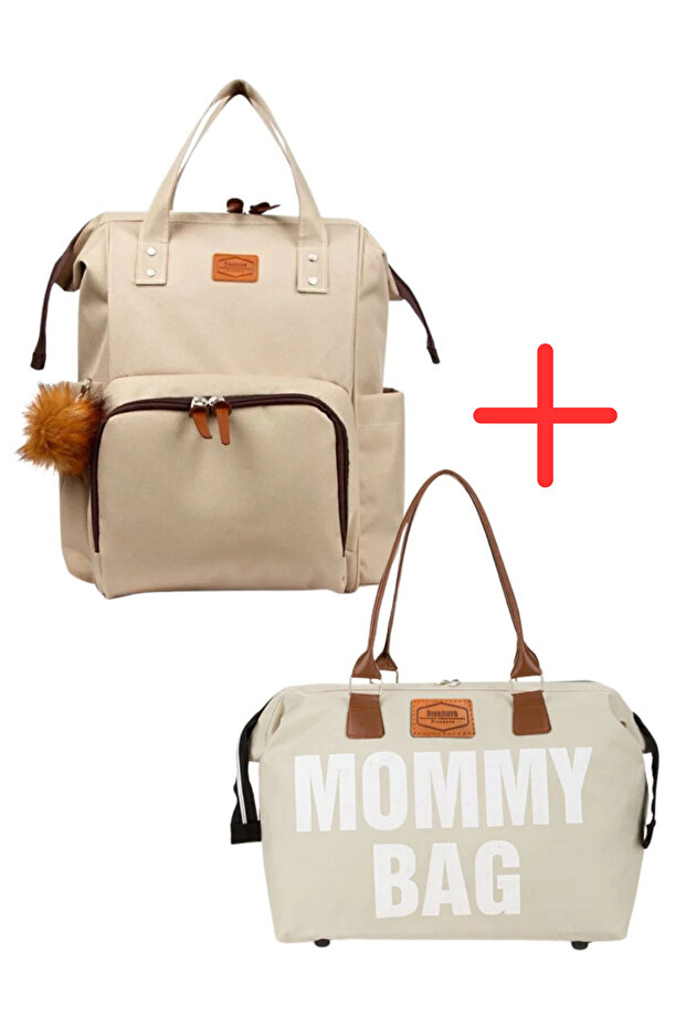 Disanuva Mommy Bag Anne Çantası + Ponponlu Krem Anne Bebek Bakım Sırt ve Omuz Çantası İkili Takım Set
