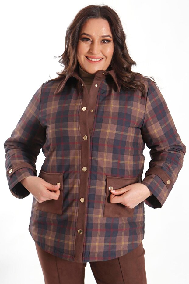 Trend42Plus Plus Size Plaid Patterned Brown Coat with Snap Buttons - 6