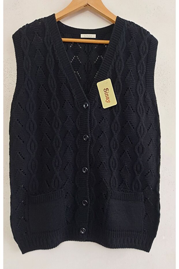 Women's New Geometric Pattern Pocketed Buttoned Knitwear Mother Vest