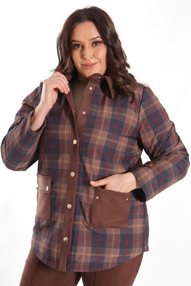 Trend42Plus Plus Size Plaid Patterned Brown Coat with Snap Buttons - 8