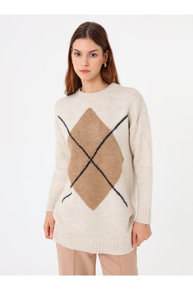Baklava Patterned Sweater - Stone Color - - 1