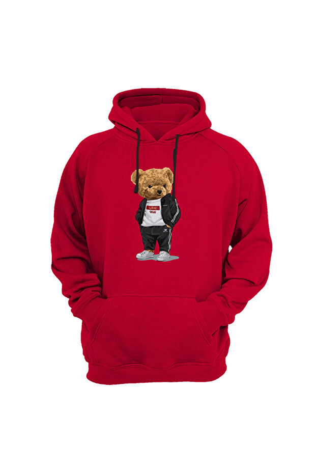 سترة لطيفة بتصميم دب مطبوع Love مكونة من 3 خيوط سميكة وجيوب كنغر مبطن بالصوف