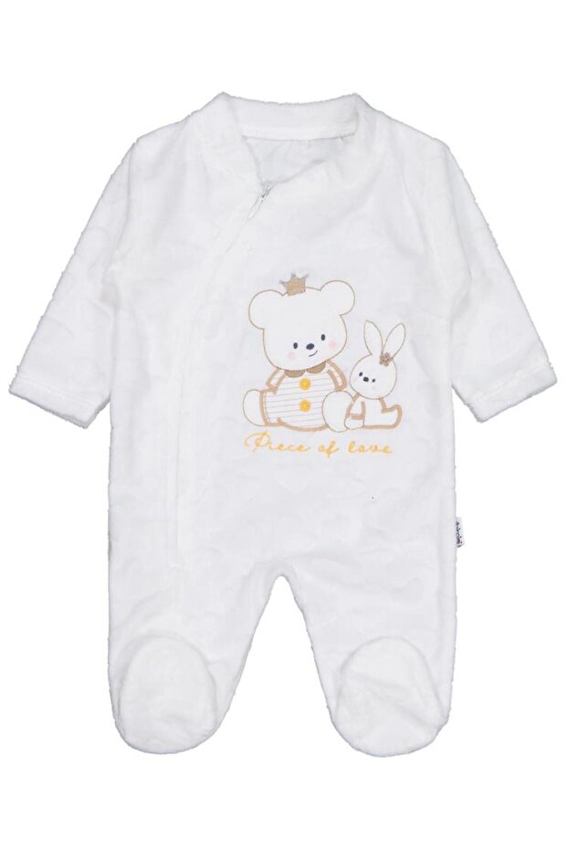 Girl Bear Rabbit Embroidery Zippered 1-6 Months Jumpsuit - Ecru 6-9 Months