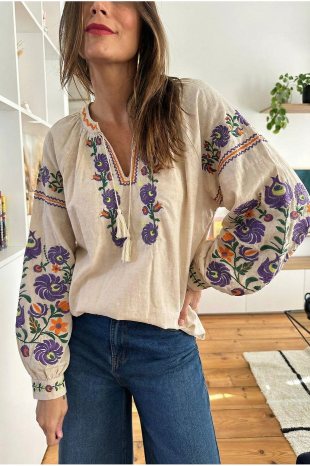 Women's Beige Tasseled Collared Balloon Sleeve Embroidered Cotton Blouse