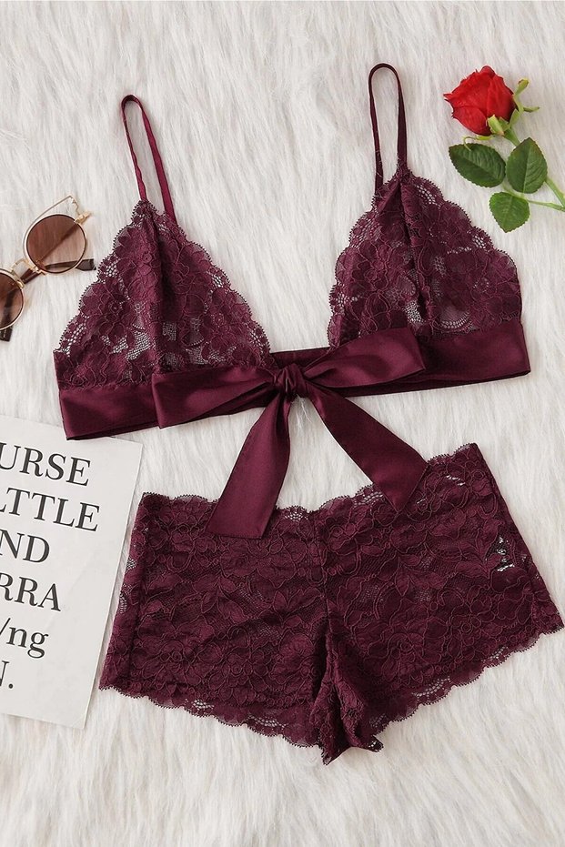 Women's Burgundy Lace & Ribbon Bra Panties Set