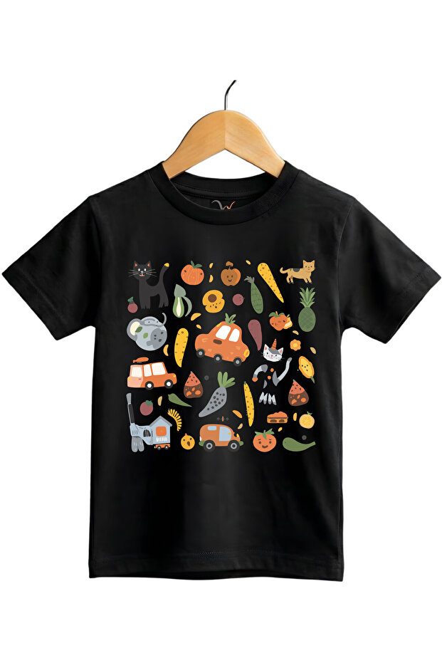 Regular Fit 100% Cotton Short Sleeve Children's T-Shirt with Fun Food & Animal Illustrations