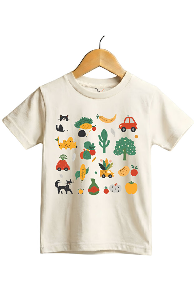 Fun Mix Vegetable, Fruit and Animal Printed Regular Fit 100% Cotton Short Sleeve Children's T-Shirt