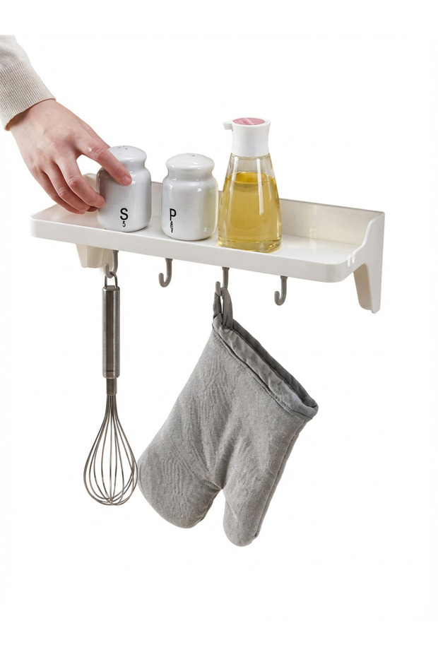 Adhesive wall shelf with 4 hooks for organization without drilling - 5