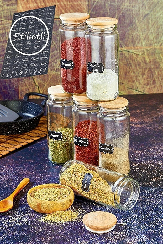 Labeled 6-Piece Wooden Lid 500 Ml Glass Spice Dispenser Set Storage Container