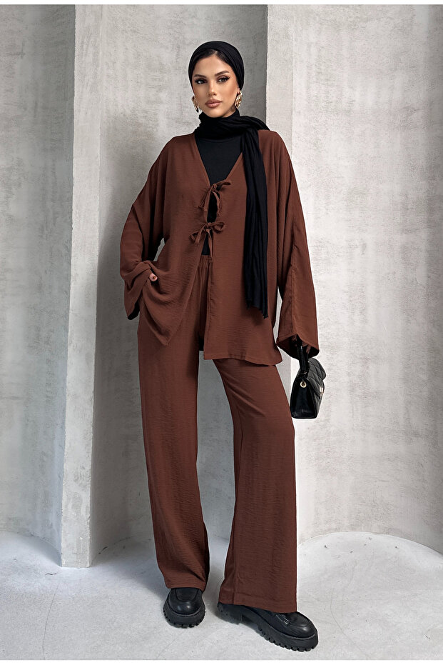 Women's Tie-Up Tunic with Elastic Waist Pants Bottom Top Set