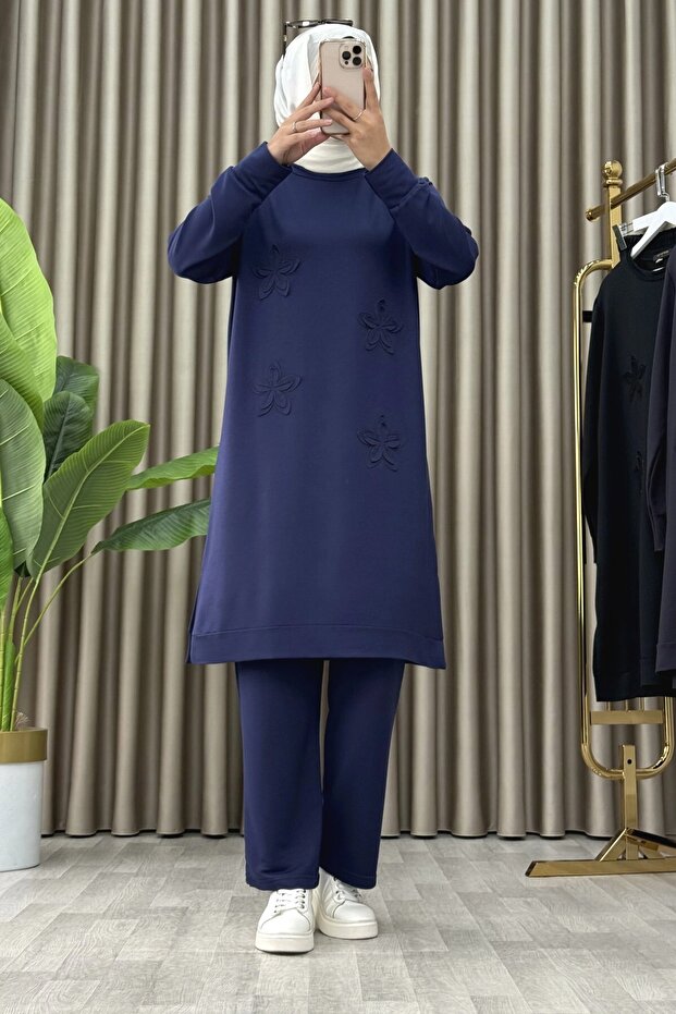 Di̇ap Takim Crystal Fabric Women's Navy Blue Floral Patterned Two-Piece Suit with Trousers