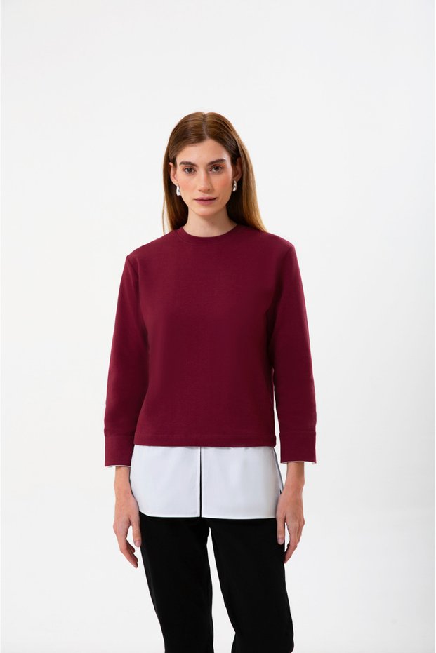 Organic Cotton Paneled Women's Burgundy Long Sleeve Blouse