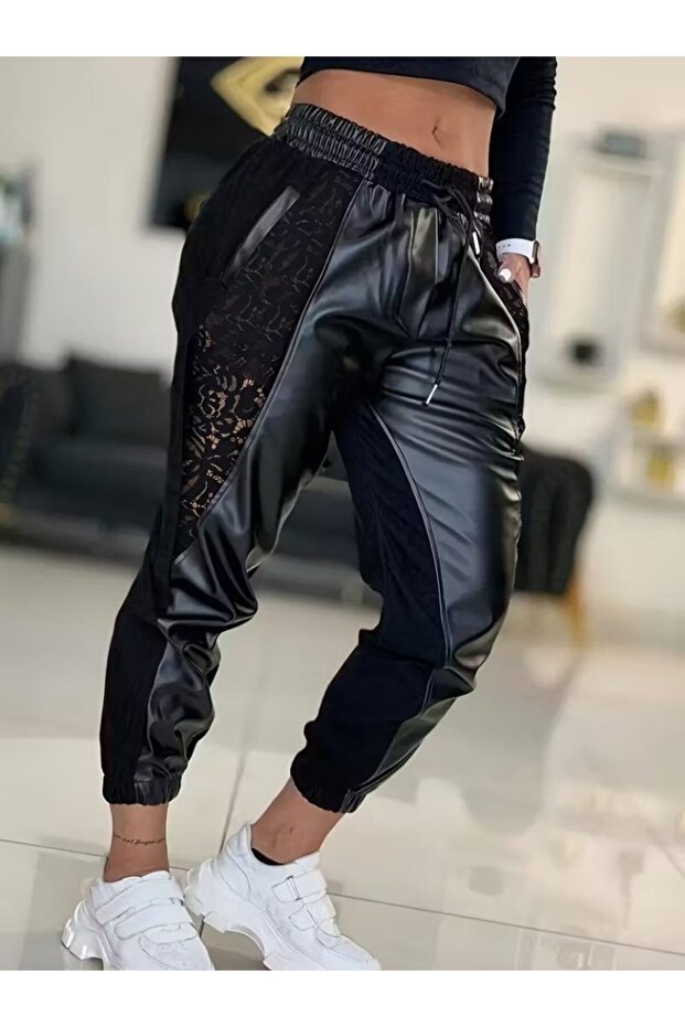 Women's High Waist Elastic Side Lace Detailed Lace-Up Leather Pants