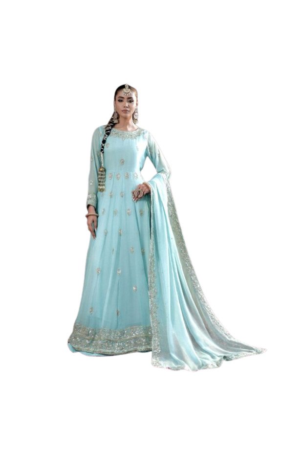 Blue Faux Georgette Gown - HRT1953 | Blue