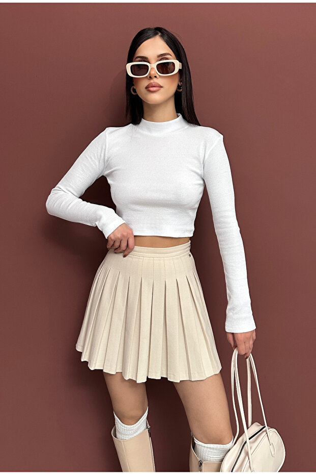 Half Fishing Collar Buttoned Long Sleeve Blouse Ribbed Knit Op Bluz